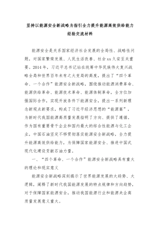 坚持以能源安全新战略为指引全力提升能源高效供给能力经验交流材料