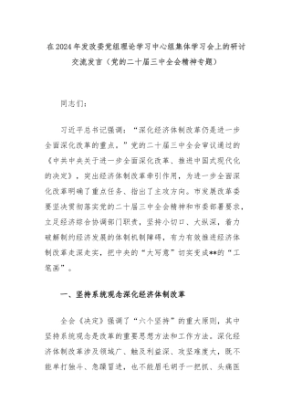 在2024年发改委党组理论学习中心组集体学习会上的研讨交流发言（党的二十届三中全会精神专题）
