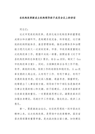 在机构改革新成立机构领导班子成员会议上的讲话