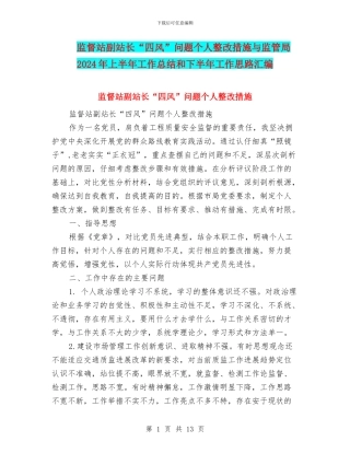 监督站副站长“四风”问题个人整改措施与监管局2024年上半年工作总结和下半年工作思路汇编