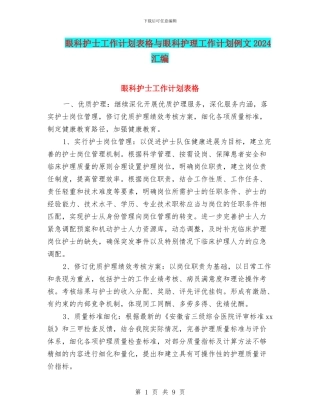 眼科护士工作计划表格与眼科护理工作计划例文2024汇编