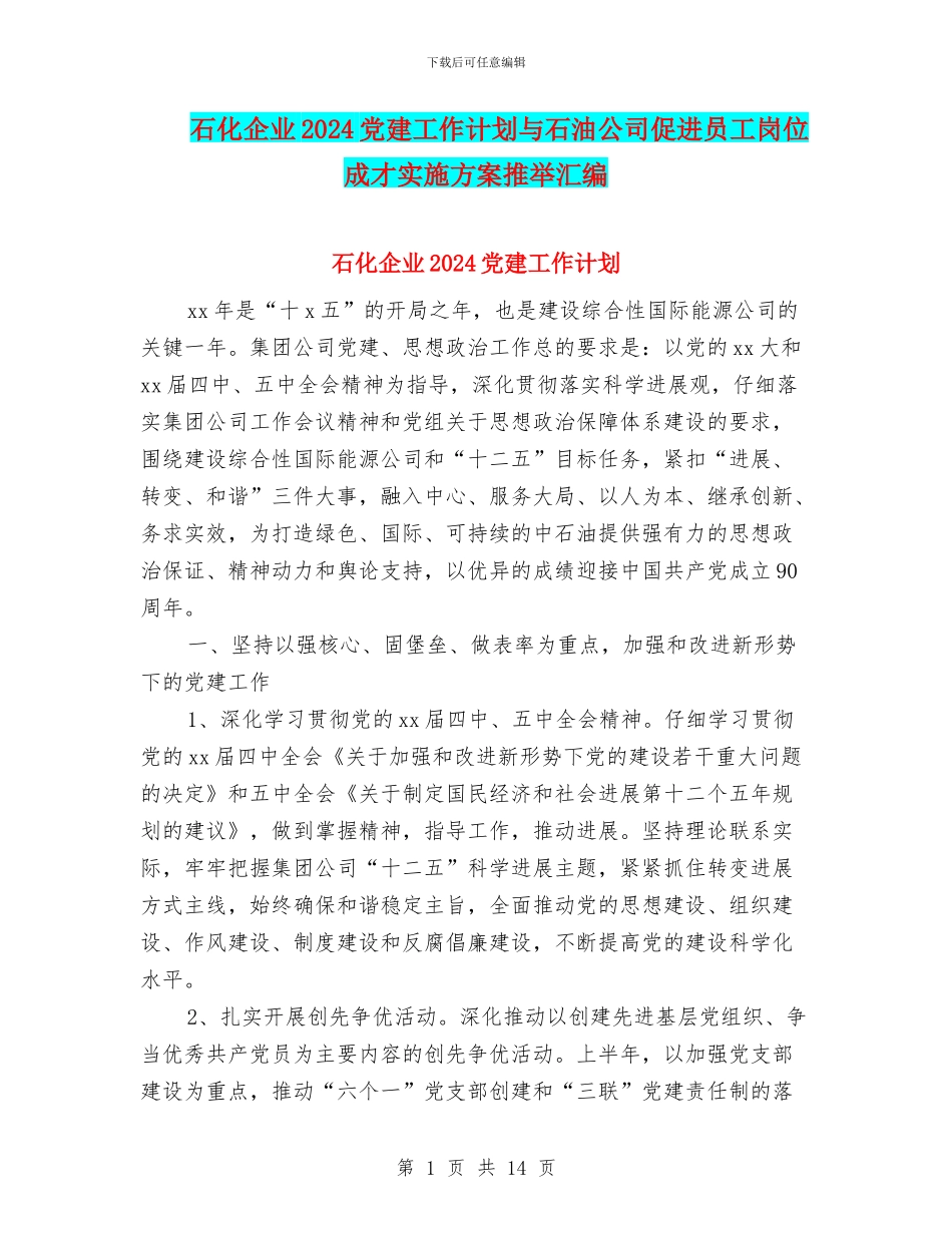 石化企业2024党建工作计划与石油公司促进员工岗位成才实施方案推荐汇编_第1页