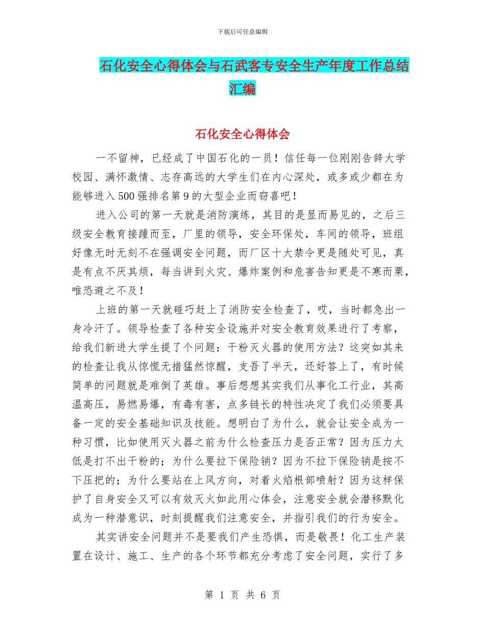 石化安全心得体会与石武客专安全生产年度工作总结汇编_第1页