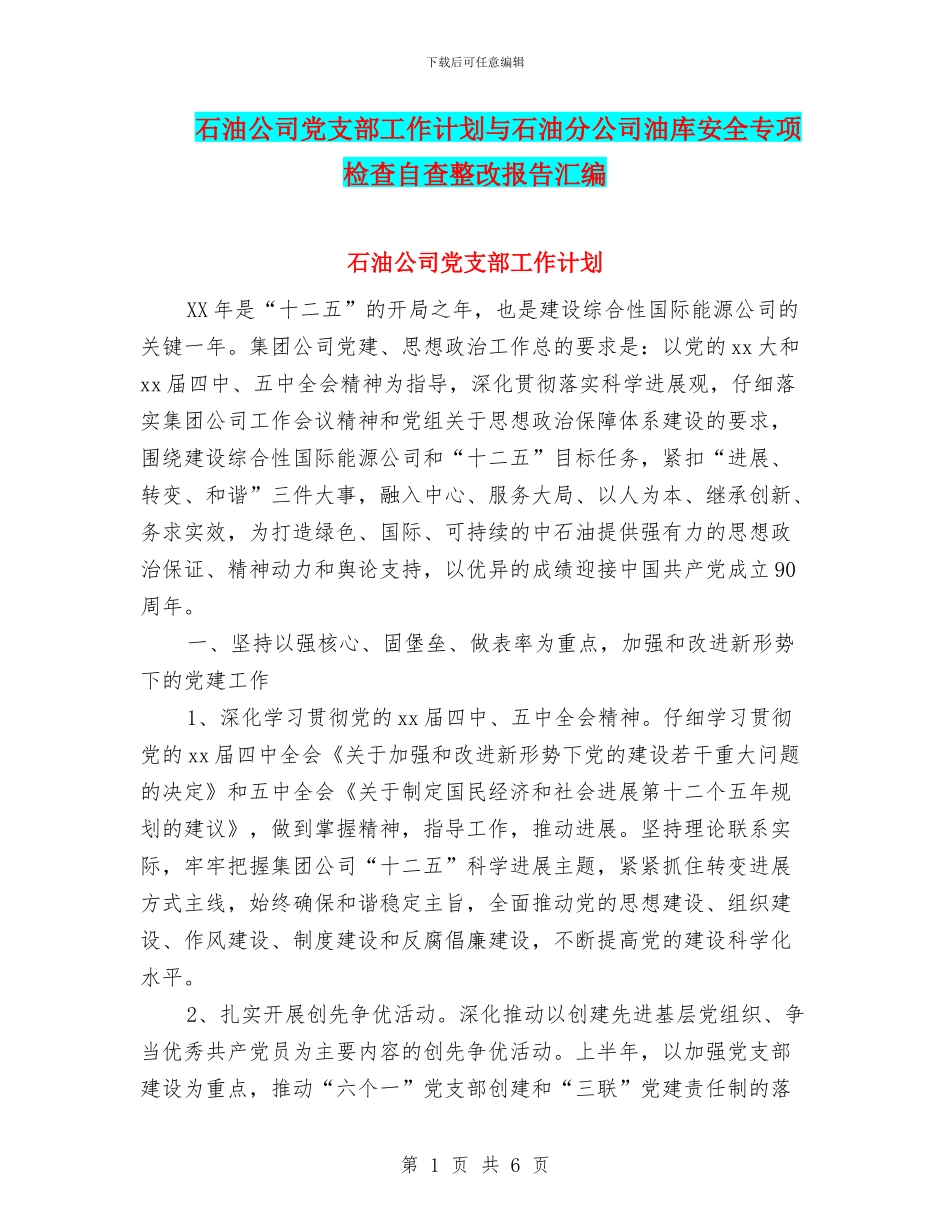 石油公司党支部工作计划与石油分公司油库安全专项检查自查整改报告汇编_第1页