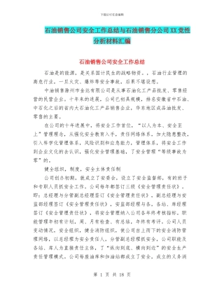 石油销售公司安全工作总结与石油销售分公司XX党性分析材料汇编