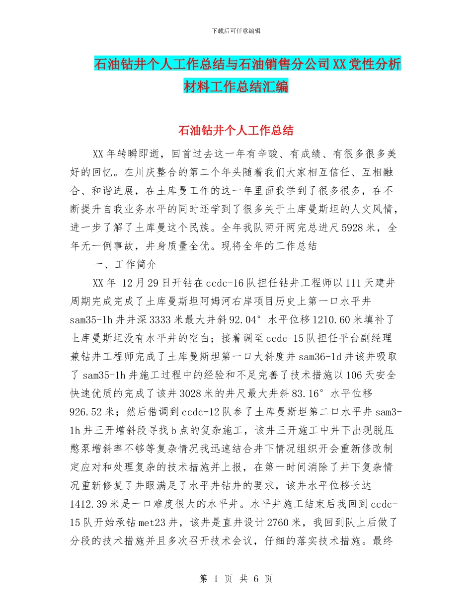 石油钻井个人工作总结与石油销售分公司XX党性分析材料工作总结汇编_第1页