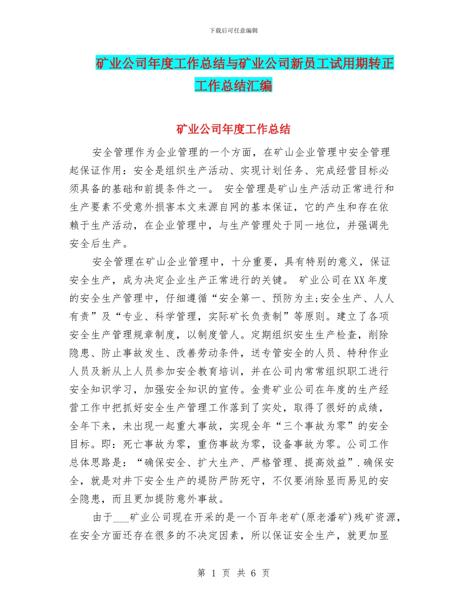 矿业公司年度工作总结与矿业公司新员工试用期转正工作总结汇编_第1页