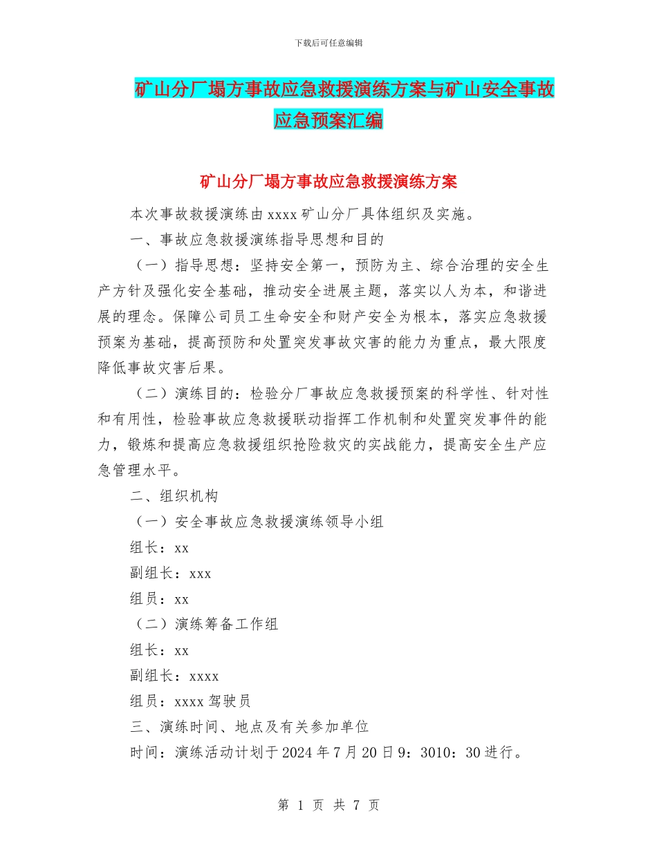 矿山分厂塌方事故应急救援演练方案与矿山安全事故应急预案汇编_第1页