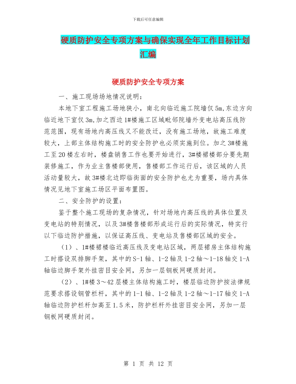 硬质防护安全专项方案与确保实现全年工作目标计划汇编_第1页