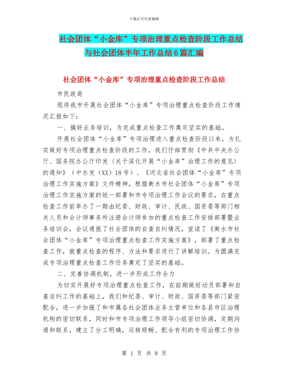 社会团体“小金库”专项治理重点检查阶段工作总结与社会团体半年工作总结6篇汇编_第1页