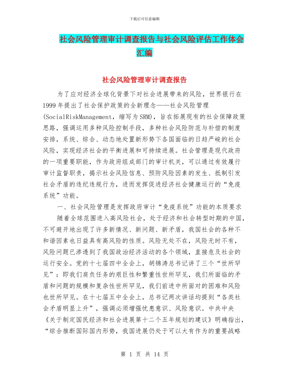 社会风险管理审计调查报告与社会风险评估工作体会汇编_第1页