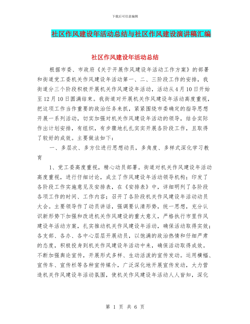 社区作风建设年活动总结与社区作风建设演讲稿汇编_第1页