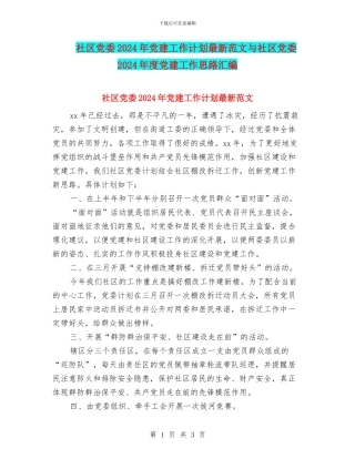 社区党委2024年党建工作计划最新范文与社区党委2024年度党建工作思路汇编