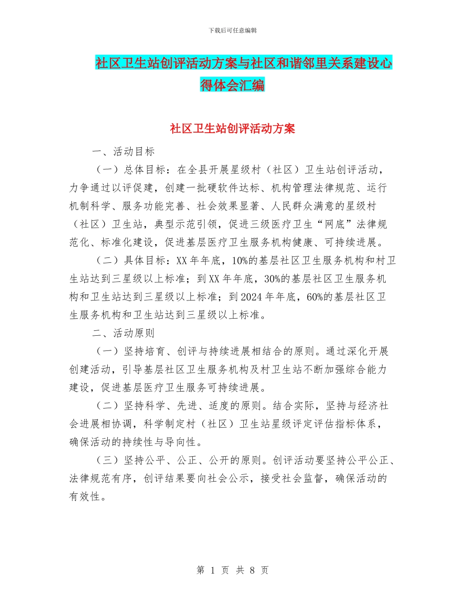 社区卫生站创评活动方案与社区和谐邻里关系建设心得体会汇编_第1页