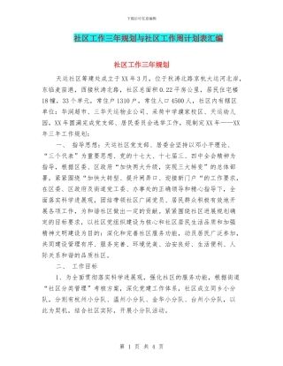 社区工作三年规划与社区工作周计划表汇编