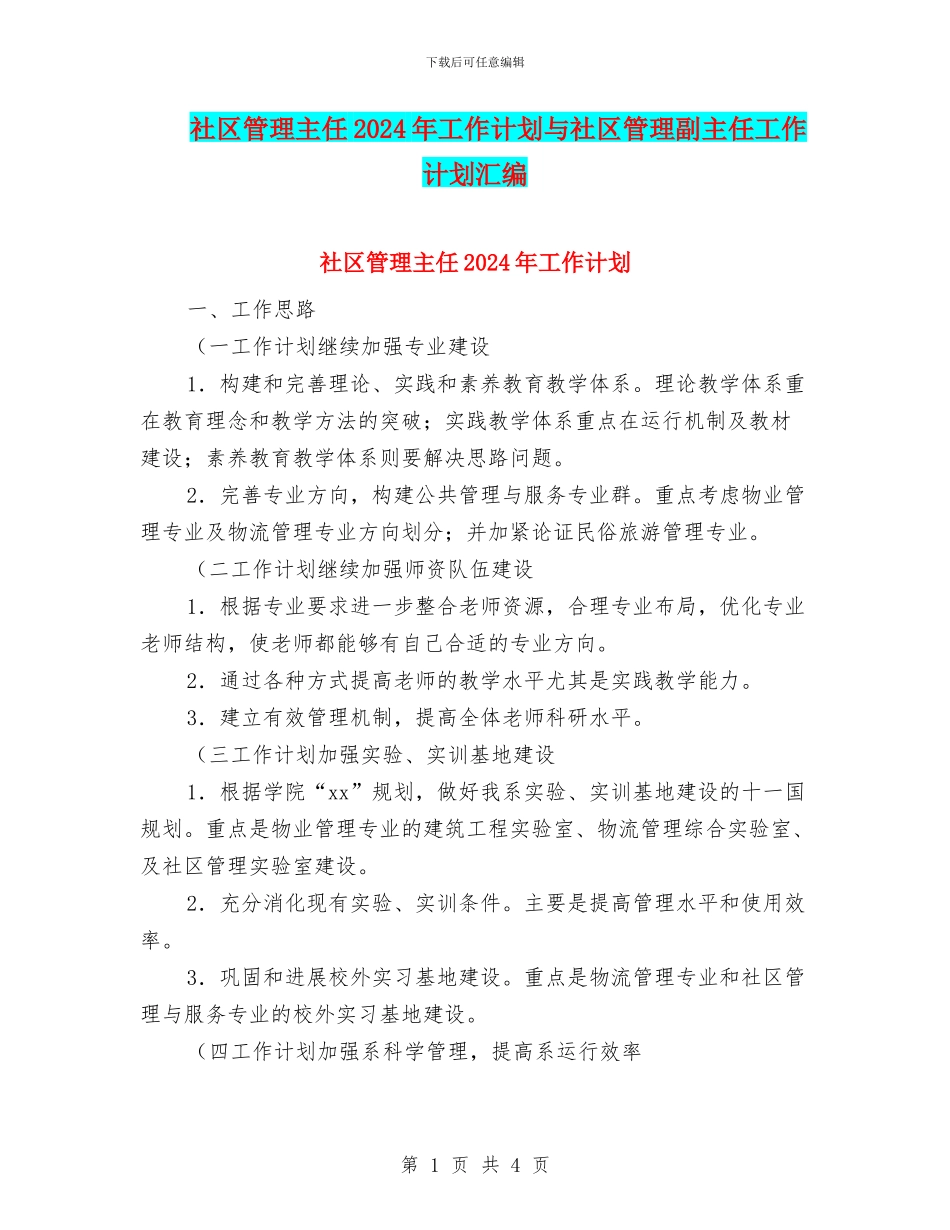社区管理主任2024年工作计划与社区管理副主任工作计划汇编_第1页