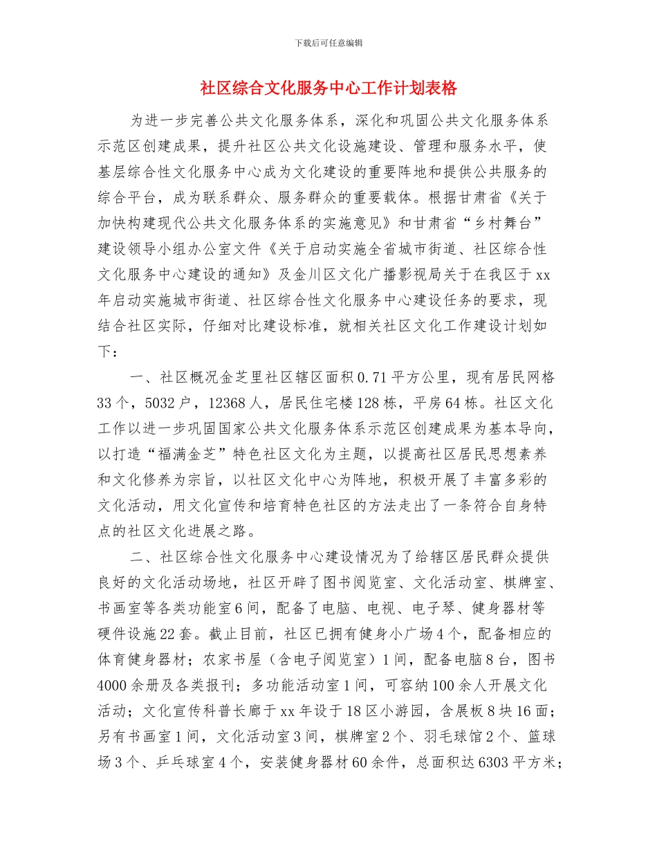 社区综合文化服务中心工作计划结尾与社区综合文化服务中心工作计划表格汇编_第3页