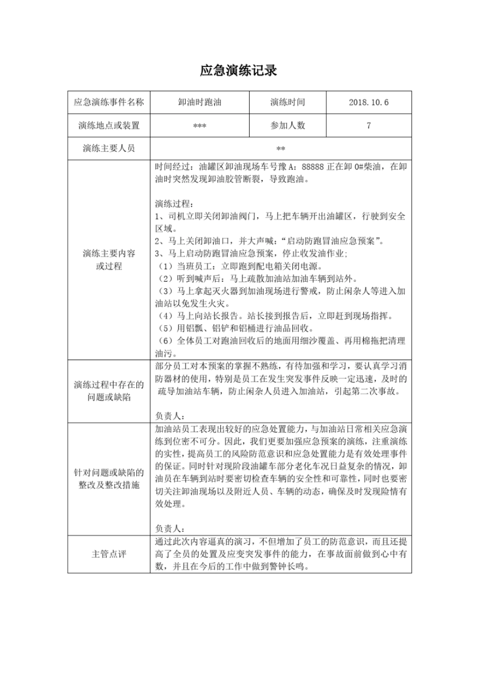 完整版加油站卸油跑油应急演练记录_第1页