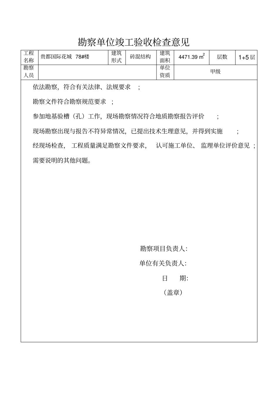 完整版勘察单位竣工验收检查意见_第1页