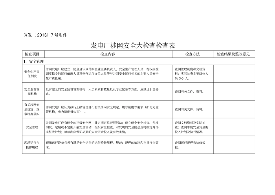 完整版发电厂涉网安全大检查检查表0_第1页