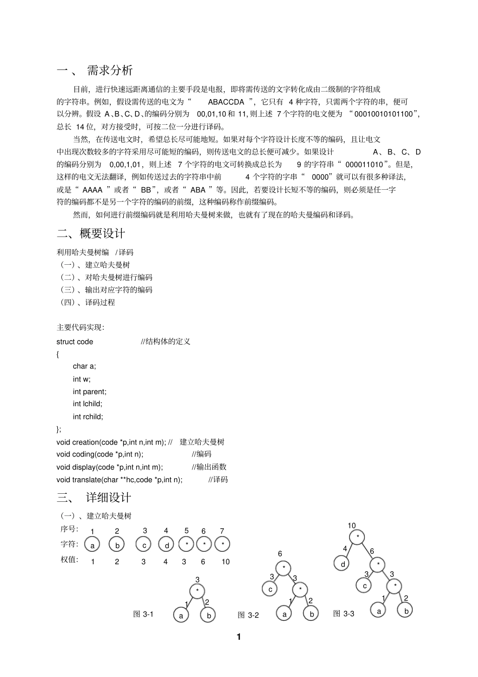 完整版哈夫曼编码译码器数据结构C语言_第1页
