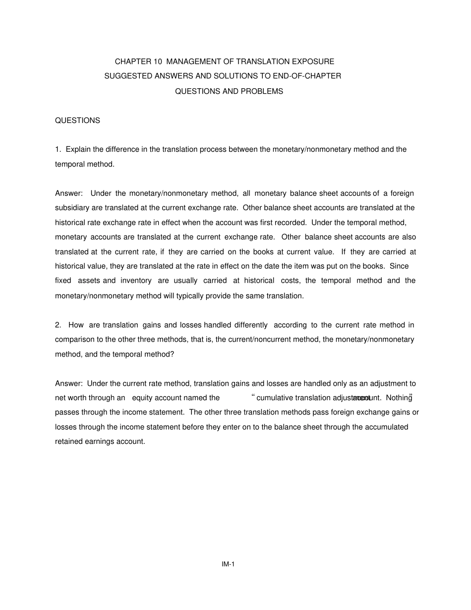 完整版国际财务管理课后习题答案chapter10_第1页