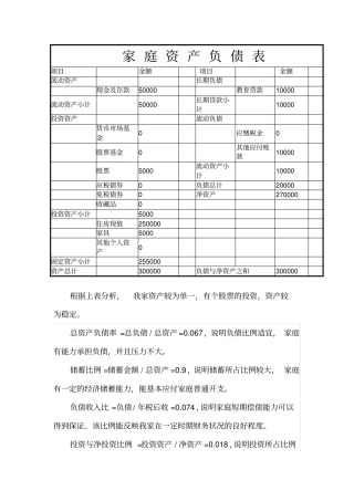 完整版家庭资产负债表