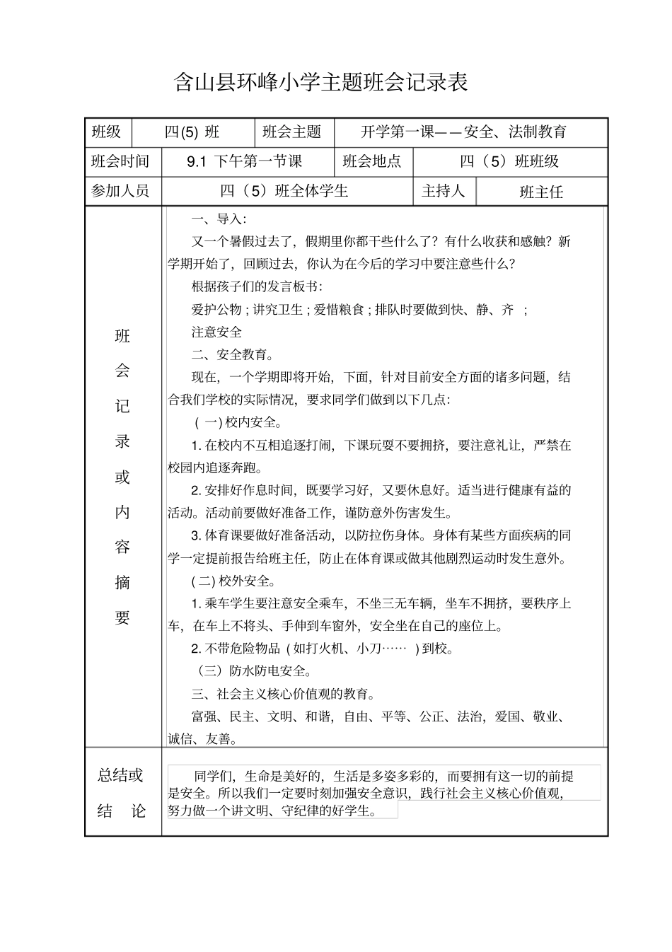完整版小学主题班会记录表_第1页