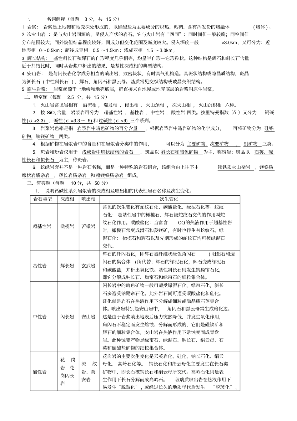 完整版岩浆岩石学试题及答案_第1页