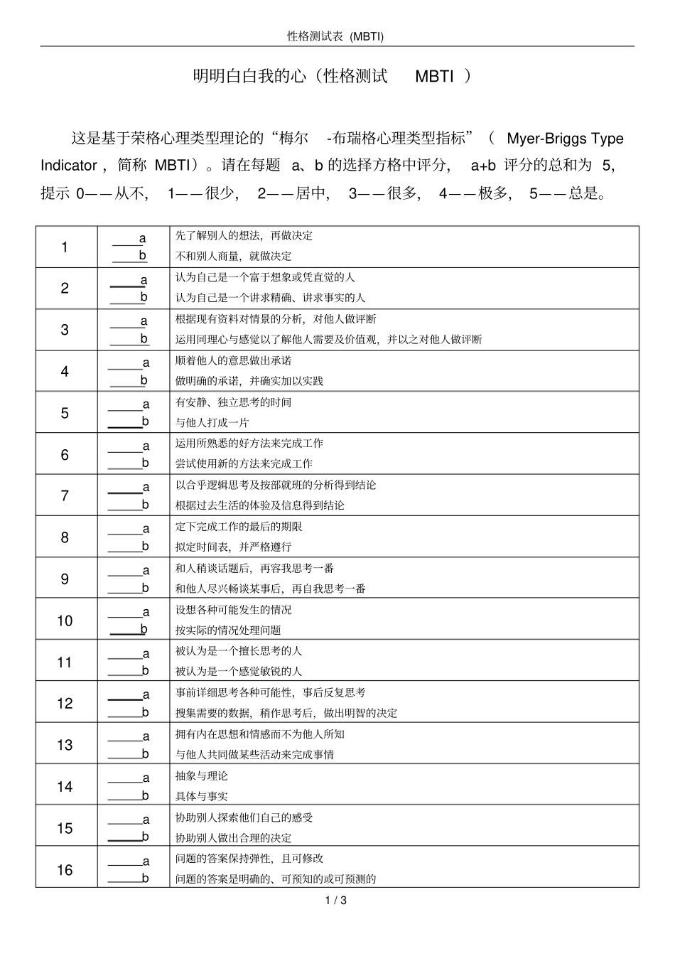 完整版性格测试表MBTI_第1页