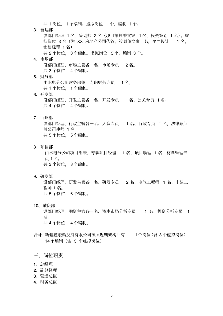 完整版投资公司组织架构、岗位编制及职位说明_第2页
