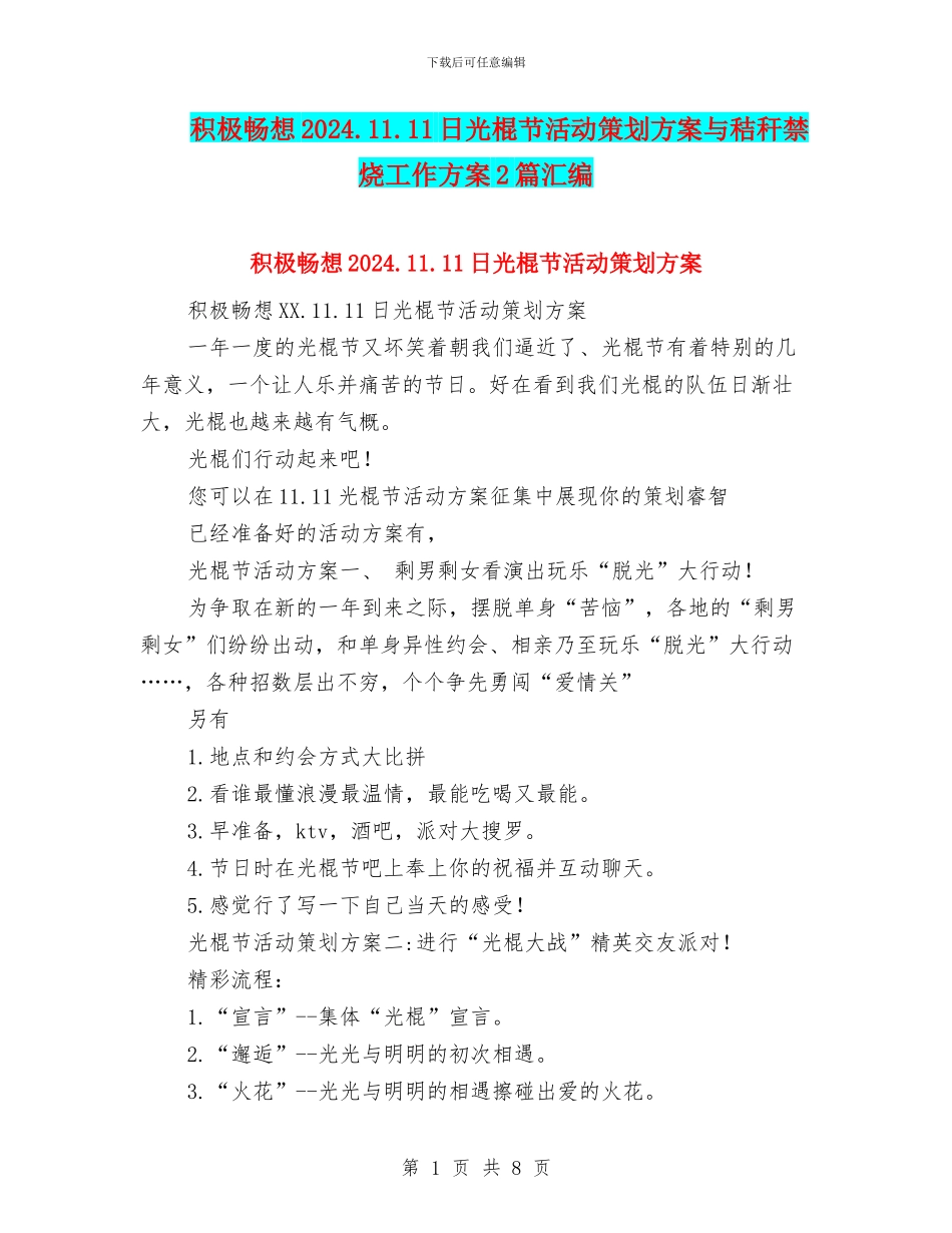 积极畅想2024.11.11日光棍节活动策划方案与秸秆禁烧工作方案2篇汇编_第1页