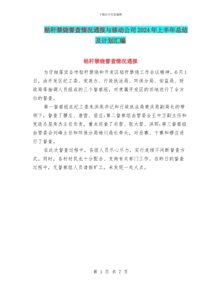 秸秆禁烧督查情况通报与移动公司2024年上半年总结及计划汇编