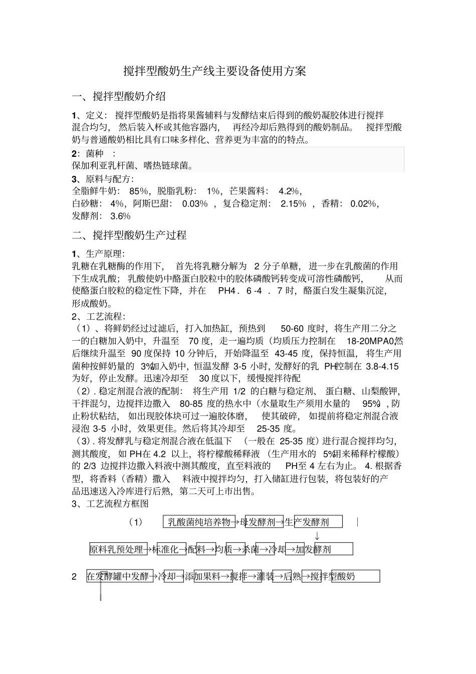 完整版搅拌型酸奶生产线主要设备使用方案文档良心出品_第1页