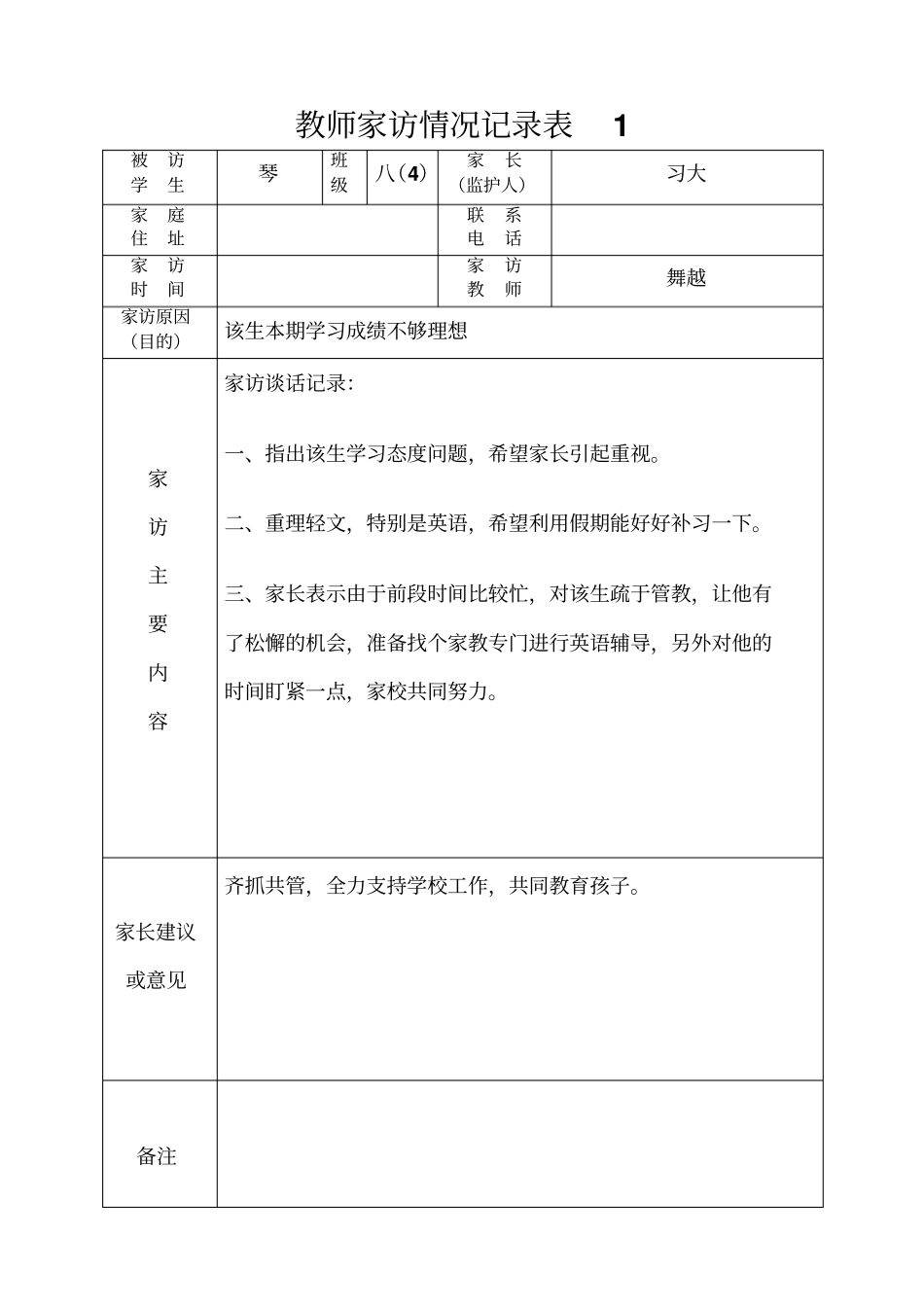 完整版教师家访情况记录表_第1页