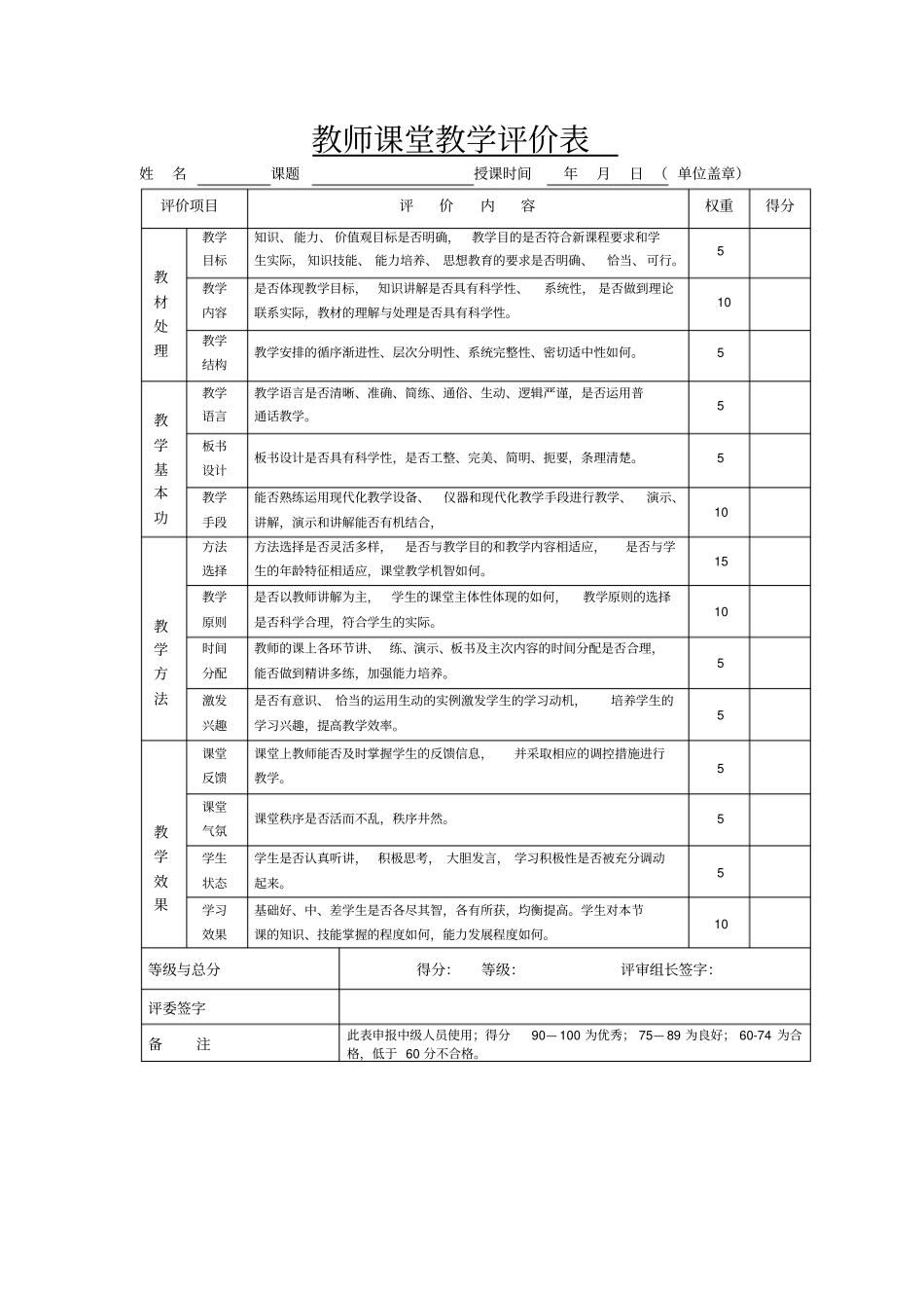 完整版教师课堂教学评价大全附带评语_第1页