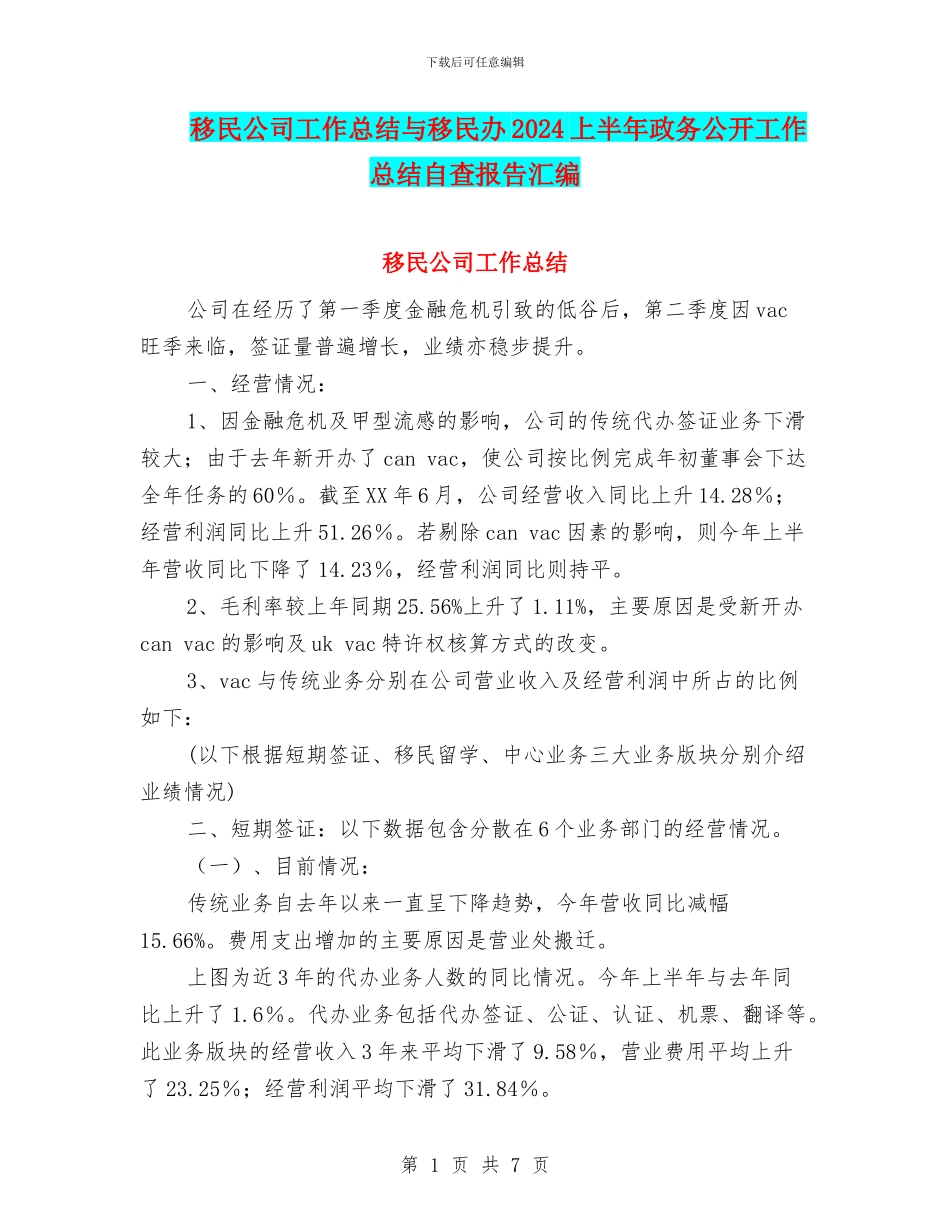 移民公司工作总结与移民办2024上半年政务公开工作总结自查报告汇编_第1页