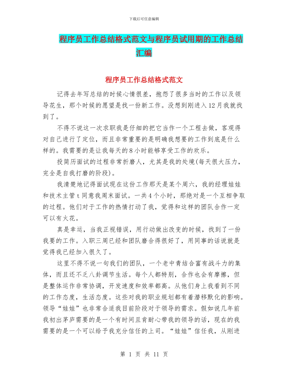 程序员工作总结格式范文与程序员试用期的工作总结汇编_第1页