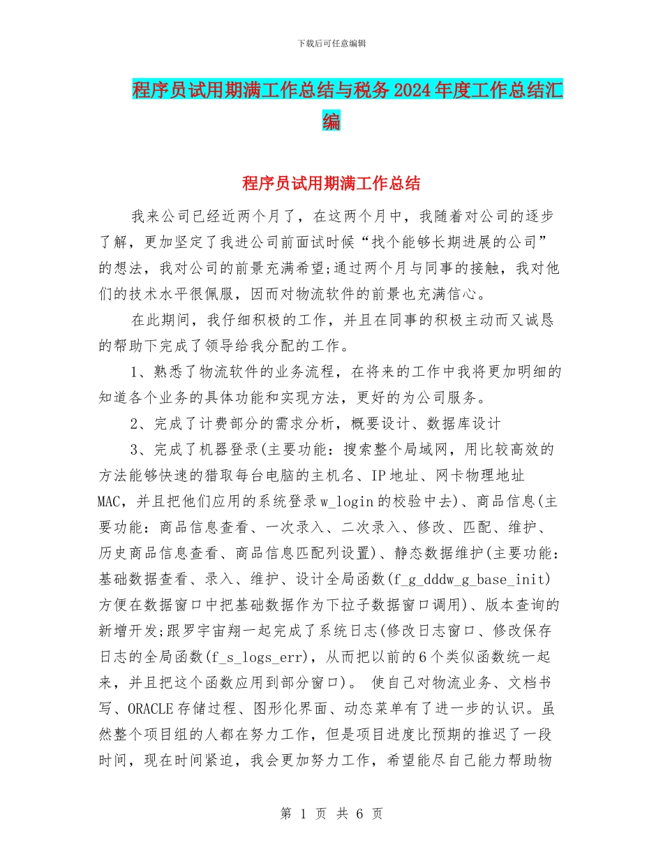 程序员试用期满工作总结与税务2024年度工作总结汇编_第1页