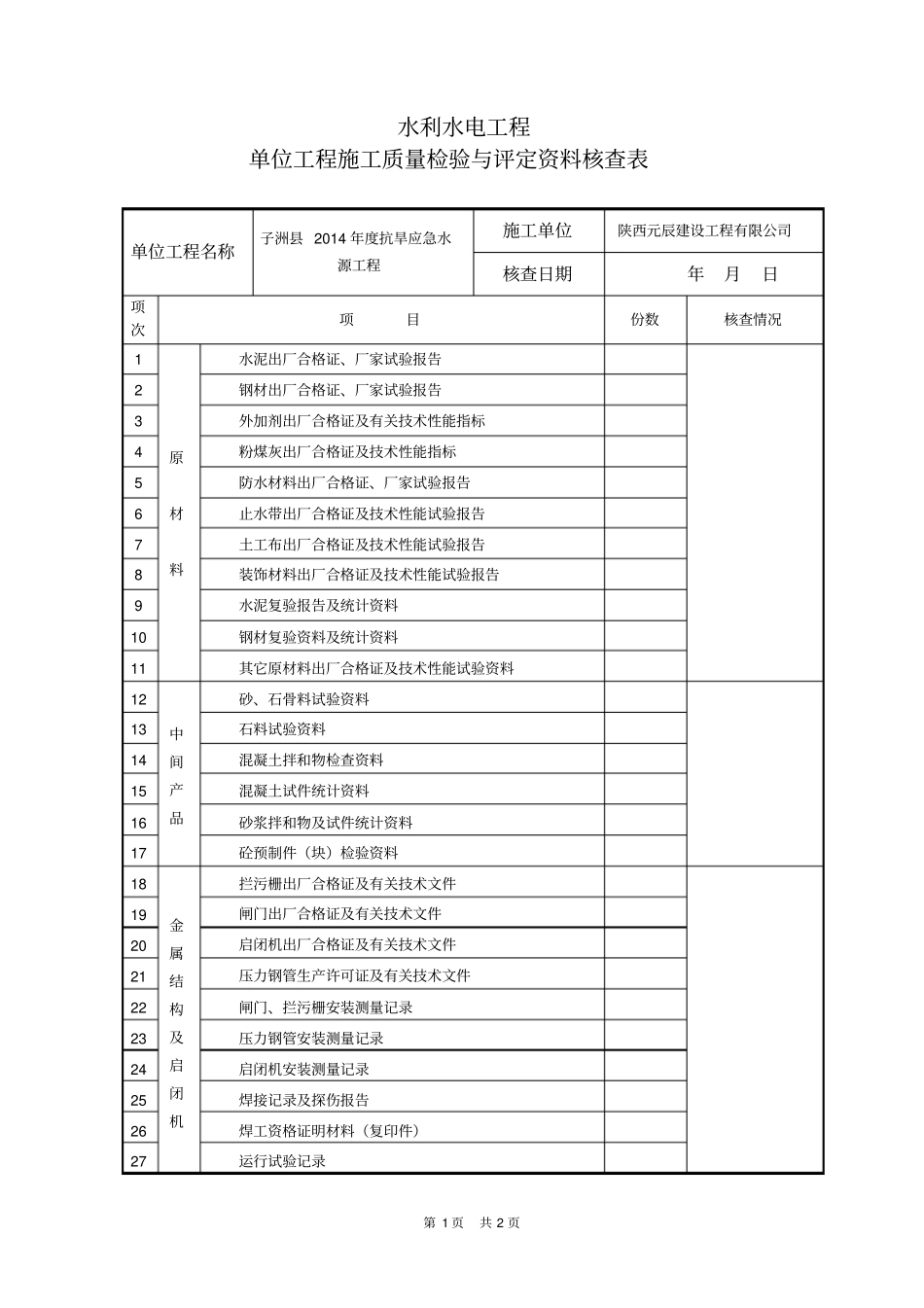 完整版施工质量检验与评定资料核查表_第1页