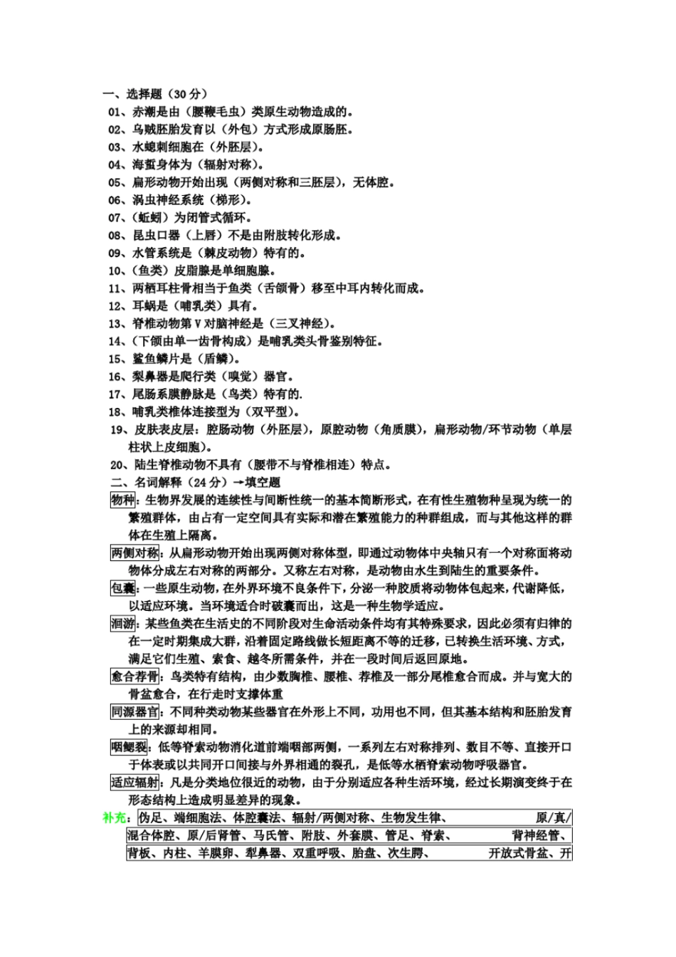 完整版普通动物学试题答案_第1页