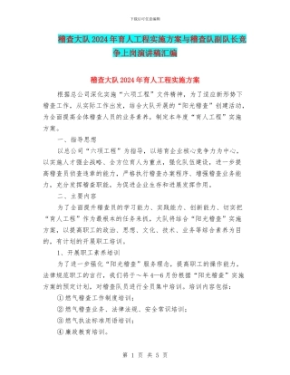 稽查大队2024年育人工程实施方案与稽查队副队长竞争上岗演讲稿汇编