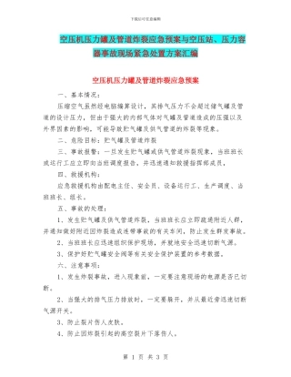 空压机压力罐及管道炸裂应急预案与空压站、压力容器事故现场紧急处置方案汇编
