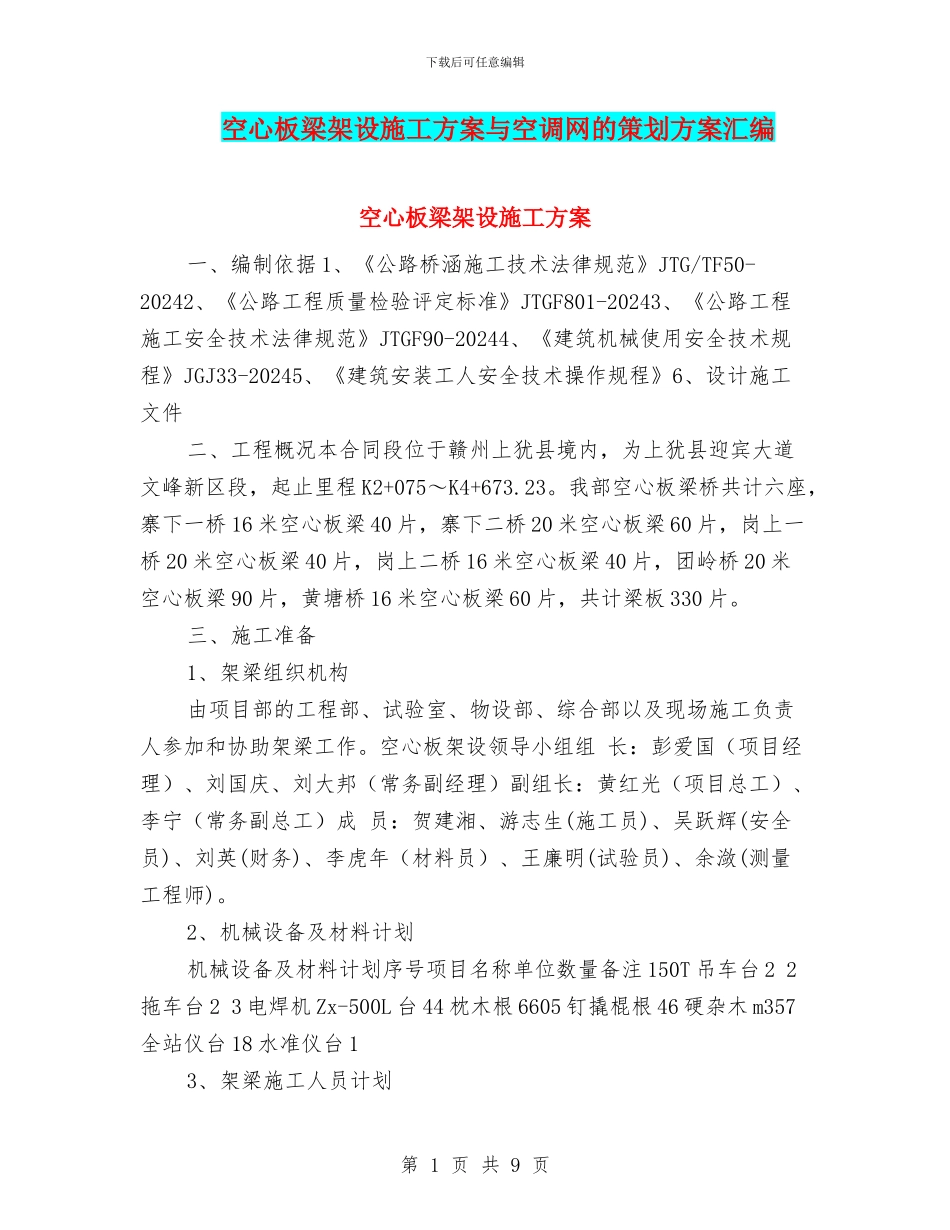 空心板梁架设施工方案与空调网的策划方案汇编_第1页