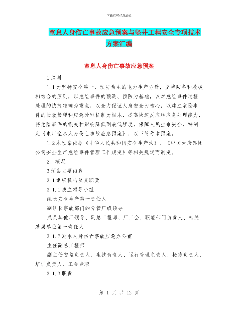窒息人身伤亡事故应急预案与竖井工程安全专项技术方案汇编_第1页