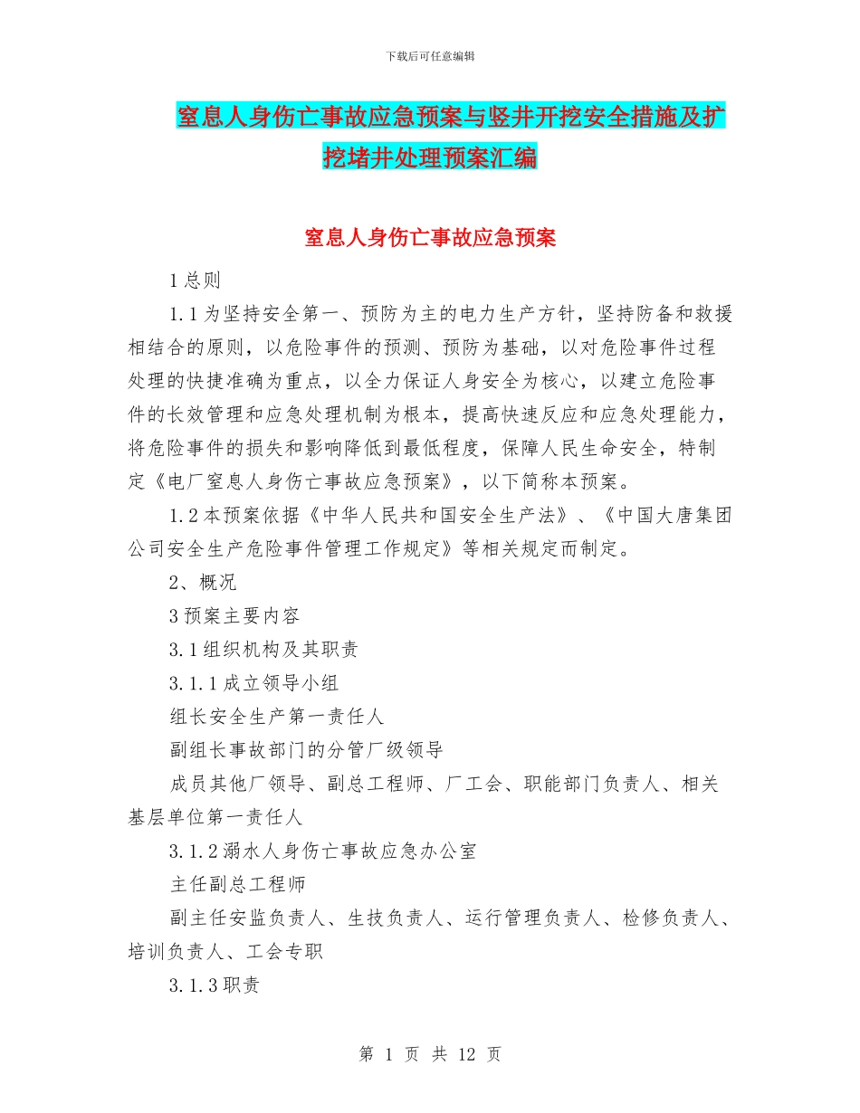 窒息人身伤亡事故应急预案与竖井开挖安全措施及扩挖堵井处理预案汇编_第1页