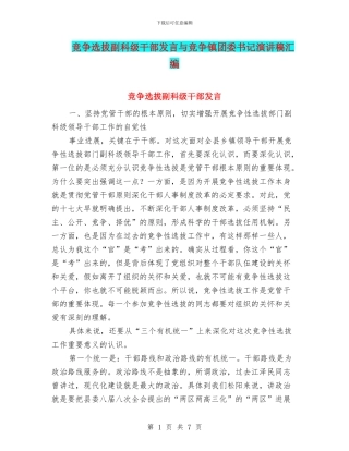 竞争选拔副科级干部发言与竞争镇团委书记演讲稿汇编
