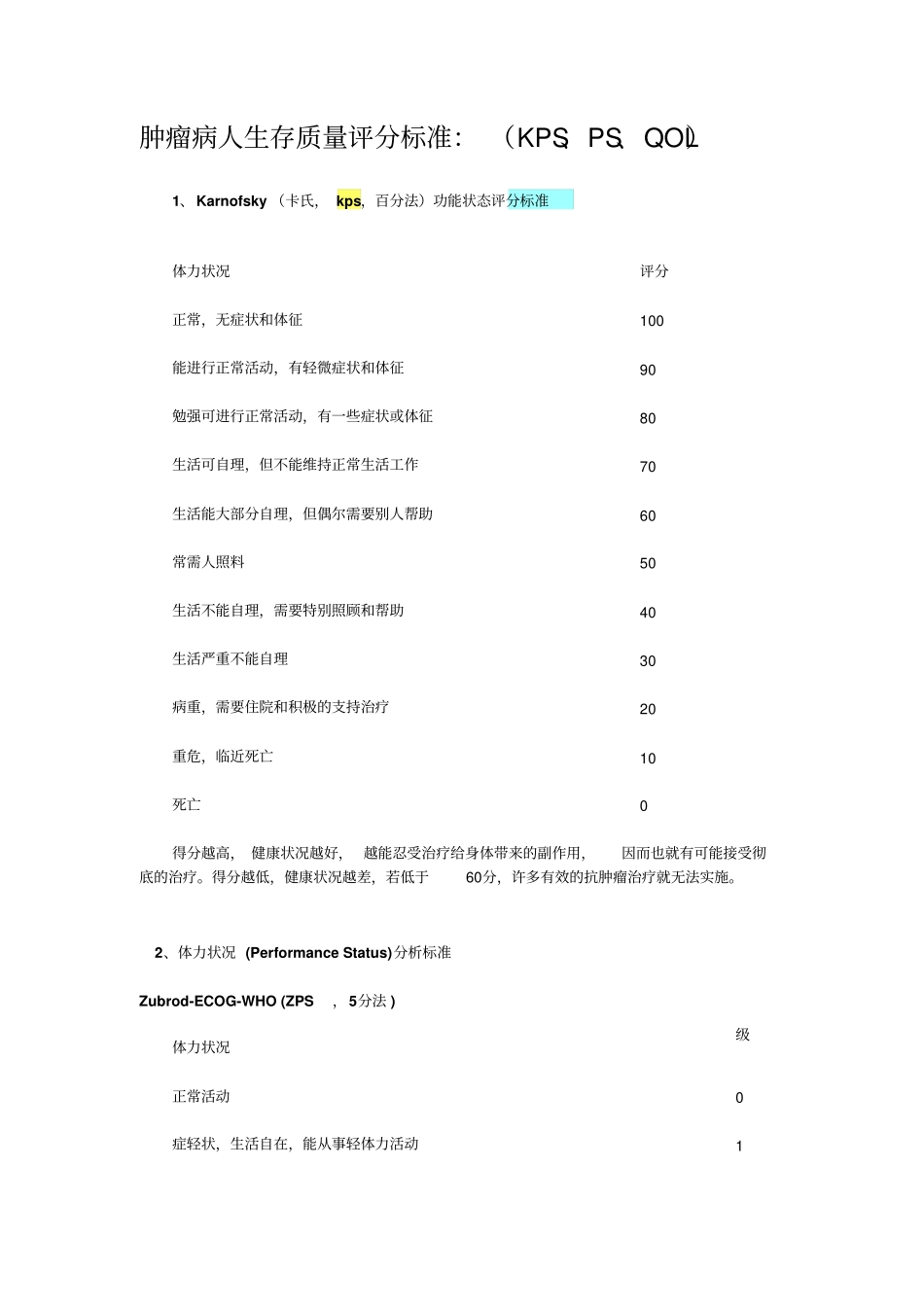完整版最全肿瘤病人评分标准PS、KPS、QOL、ECOG_第1页
