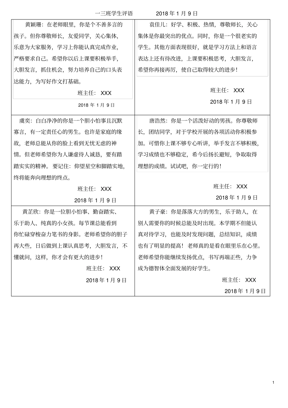 完整版最新期末学生评价手册评语表_第1页