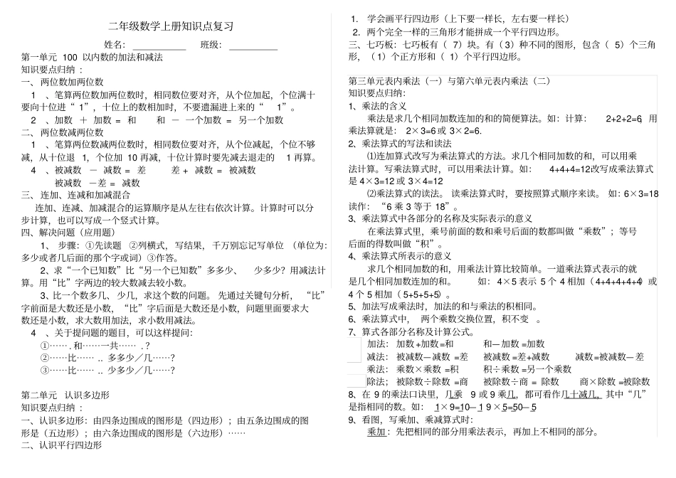 完整版最新苏教版二年级数学上册知识归纳_第1页